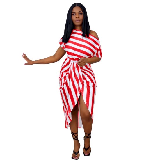 Women Elegant Stripe Color Bloking Short Sleeves Oblique Shoulder Irregular Hem Bandage Dress