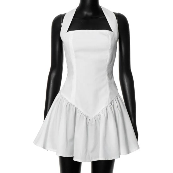 Women Fashion Solid Color Hanging Neck Mini Dress