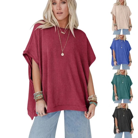 Women Fashion Solid Color Short Sleeve Loose Round Neck Top