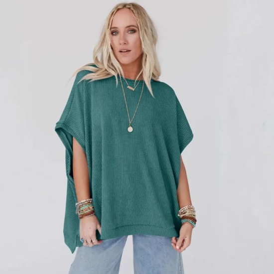 Women Fashion Solid Color Short Sleeve Loose Round Neck Top