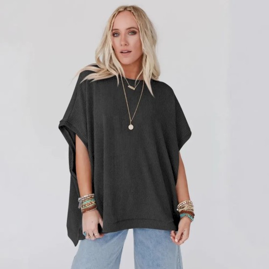 Women Fashion Solid Color Short Sleeve Loose Round Neck Top