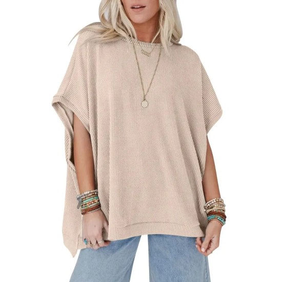 Women Fashion Solid Color Short Sleeve Loose Round Neck Top