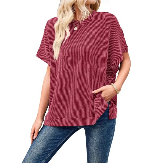 Women Fashion Solid Color Short Sleeve Loose Round Neck Top