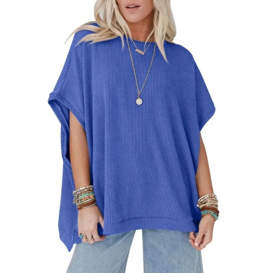 Women Fashion Solid Color Short Sleeve Loose Round Neck Top