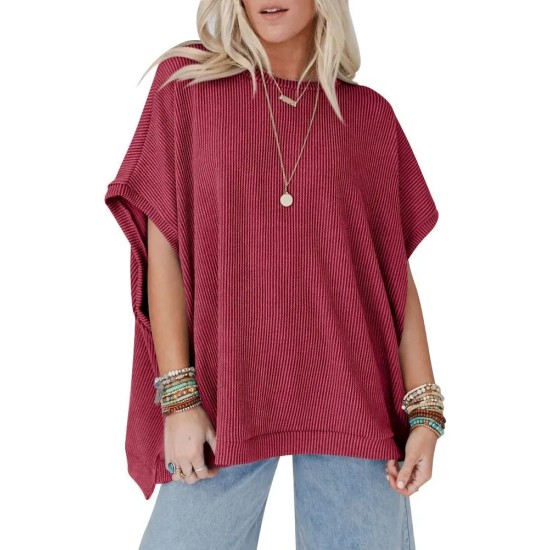 Women Fashion Solid Color Short Sleeve Loose Round Neck Top