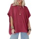 Women Fashion Solid Color Short Sleeve Loose Round Neck Top