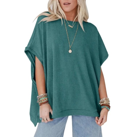 Women Fashion Solid Color Short Sleeve Loose Round Neck Top