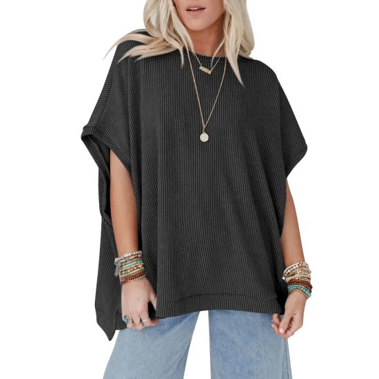Women Fashion Solid Color Short Sleeve Loose Round Neck Top