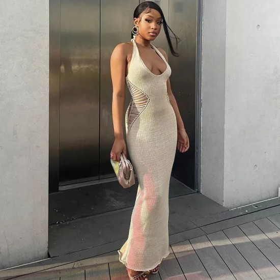 Women'S Sexy Hollow Backless Halter Neck Knitted Dress