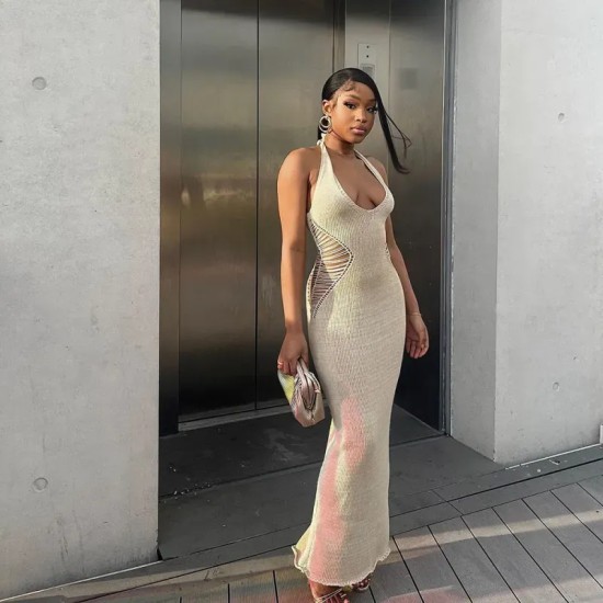 Women'S Sexy Hollow Backless Halter Neck Knitted Dress