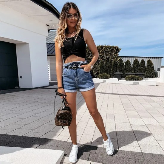 Women Fashion Basic Ruffled Double Buttons Denim Shorts