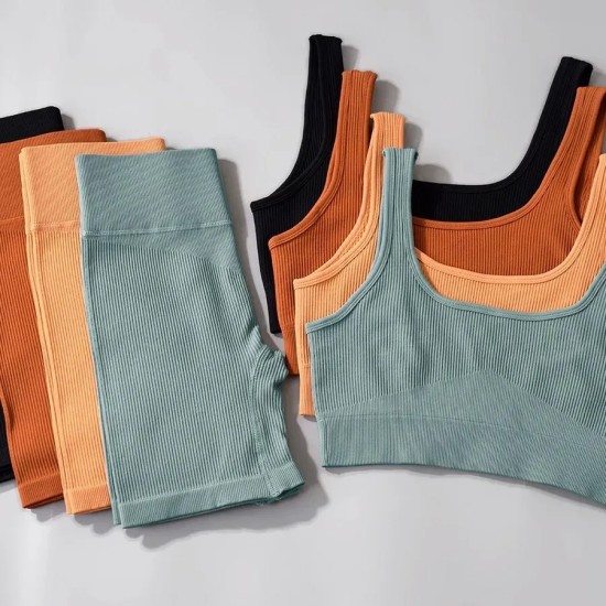 Women Yoga Fashion Solid Color Shorts Sports Two-Piece Set