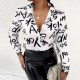 Women Fashion Casual Long Sleeve Graphic Letter Floral Printing Shirt