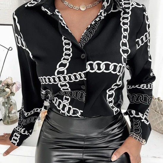 Women Fashion Casual Long Sleeve Graphic Letter Floral Printing Shirt