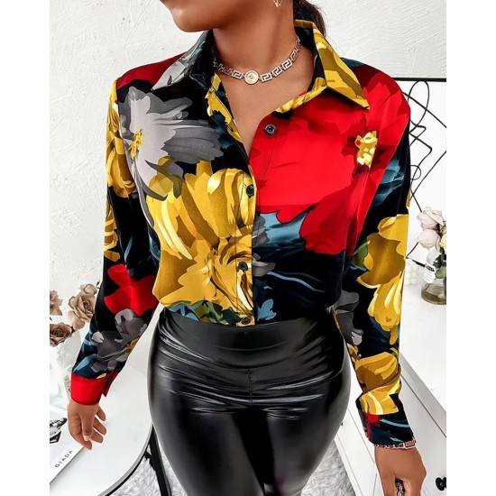 Women Fashion Casual Long Sleeve Graphic Letter Floral Printing Shirt