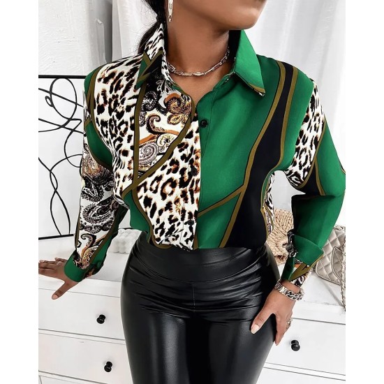 Women Fashion Casual Long Sleeve Graphic Letter Floral Printing Shirt