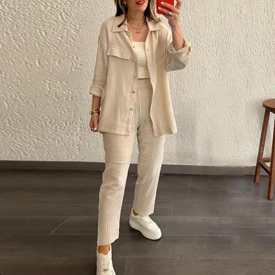 Women Fashion Casual Solid Color Long Sleeve Lapel Shirt Pants Two-Piece Set