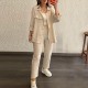 Women Fashion Casual Solid Color Long Sleeve Lapel Shirt Pants Two-Piece Set
