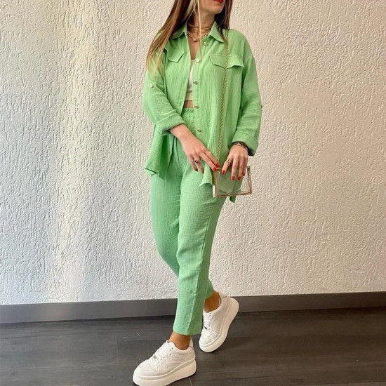Women Fashion Casual Solid Color Long Sleeve Lapel Shirt Pants Two-Piece Set