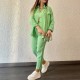 Women Fashion Casual Solid Color Long Sleeve Lapel Shirt Pants Two-Piece Set