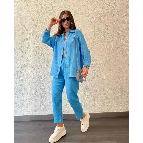 Women Fashion Casual Solid Color Long Sleeve Lapel Shirt Pants Two-Piece Set
