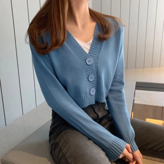 Women Autumn V-Neck Long-sleeved Loose Solid Color Knitted Cardigan