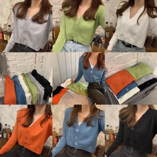 Women Autumn V-Neck Long-sleeved Loose Solid Color Knitted Cardigan