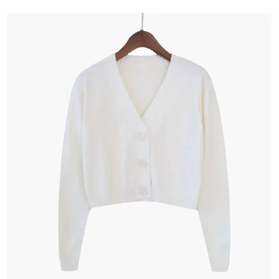 Women Autumn V-Neck Long-sleeved Loose Solid Color Knitted Cardigan
