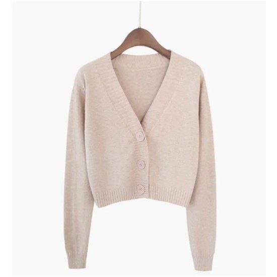 Women Autumn V-Neck Long-sleeved Loose Solid Color Knitted Cardigan