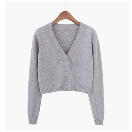 Women Autumn V-Neck Long-sleeved Loose Solid Color Knitted Cardigan