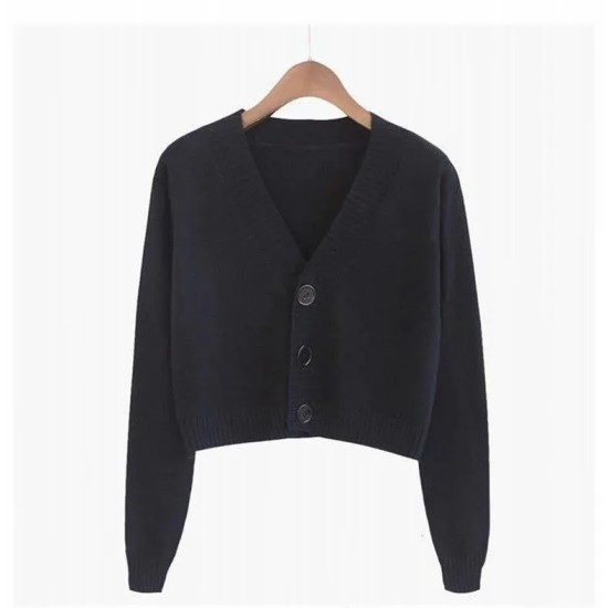 Women Autumn V-Neck Long-sleeved Loose Solid Color Knitted Cardigan