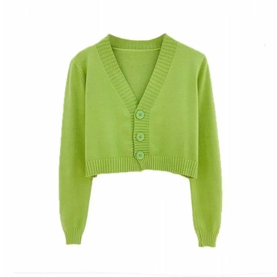 Women Autumn V-Neck Long-sleeved Loose Solid Color Knitted Cardigan