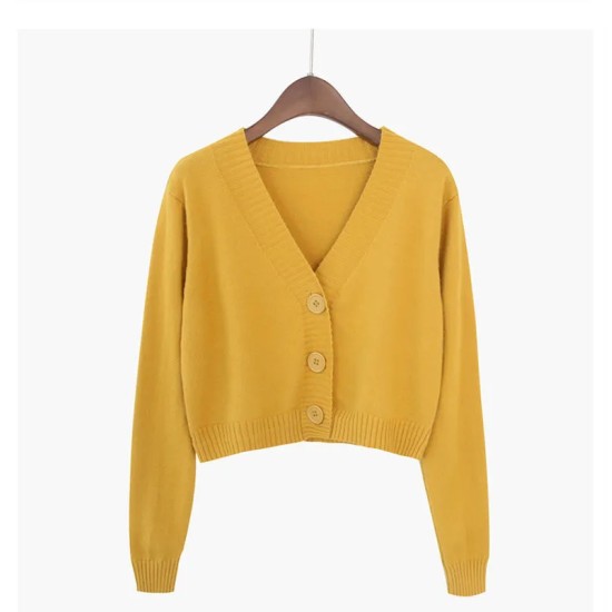 Women Autumn V-Neck Long-sleeved Loose Solid Color Knitted Cardigan