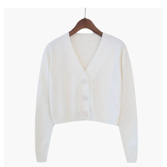 Women Autumn V-Neck Long-sleeved Loose Solid Color Knitted Cardigan