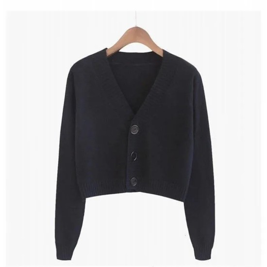 Women Autumn V-Neck Long-sleeved Loose Solid Color Knitted Cardigan