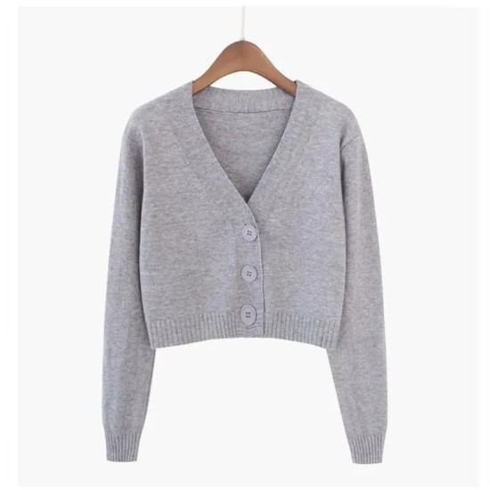 Women Autumn V-Neck Long-sleeved Loose Solid Color Knitted Cardigan