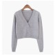 Women Autumn V-Neck Long-sleeved Loose Solid Color Knitted Cardigan