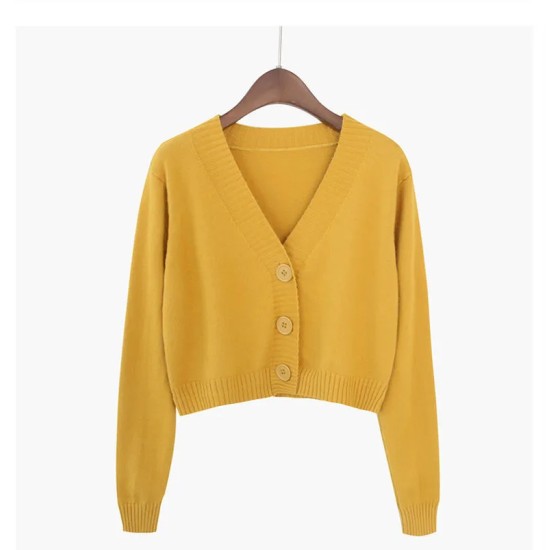 Women Autumn V-Neck Long-sleeved Loose Solid Color Knitted Cardigan