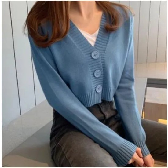 Women Autumn V-Neck Long-sleeved Loose Solid Color Knitted Cardigan