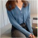 Women Autumn V-Neck Long-sleeved Loose Solid Color Knitted Cardigan