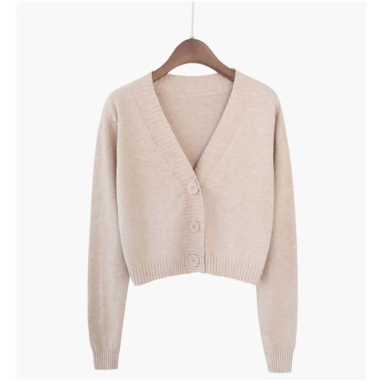Women Autumn V-Neck Long-sleeved Loose Solid Color Knitted Cardigan