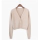Women Autumn V-Neck Long-sleeved Loose Solid Color Knitted Cardigan