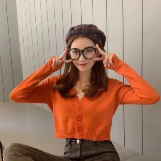Women Autumn V-Neck Long-sleeved Loose Solid Color Knitted Cardigan