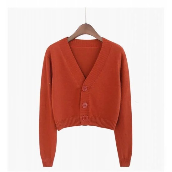 Women Autumn V-Neck Long-sleeved Loose Solid Color Knitted Cardigan