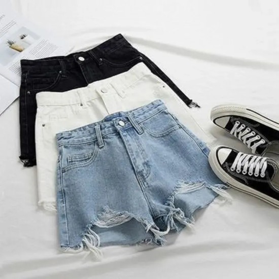 Women Fashion High Waist Raw Edge Frayed Denim Shorts