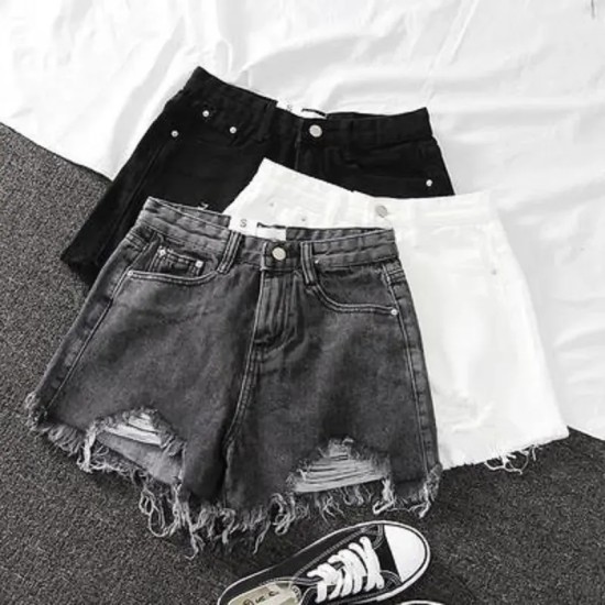 Women Fashion High Waist Raw Edge Frayed Denim Shorts