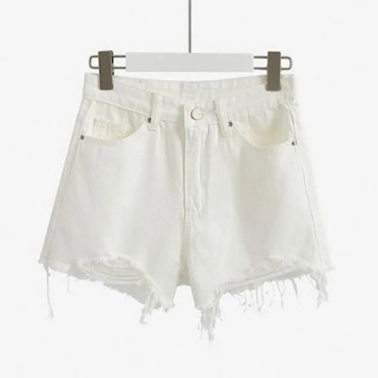 Women Fashion High Waist Raw Edge Frayed Denim Shorts