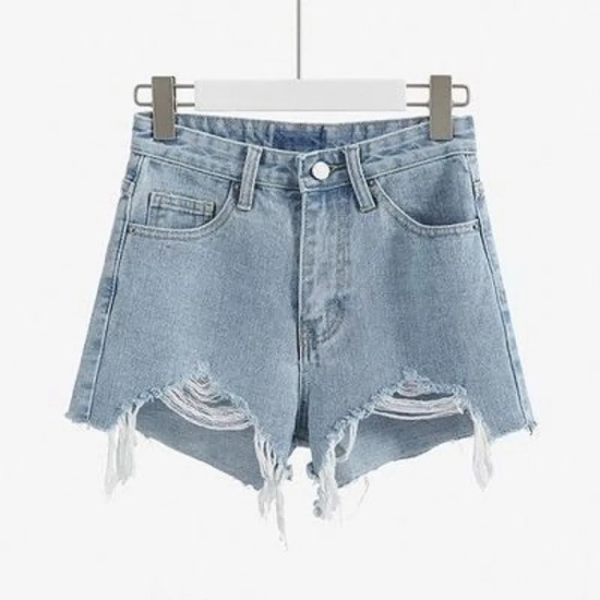 Women Fashion High Waist Raw Edge Frayed Denim Shorts