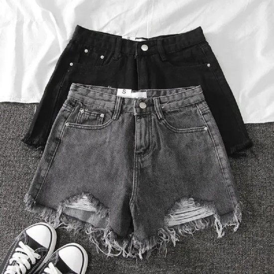 Women Fashion High Waist Raw Edge Frayed Denim Shorts