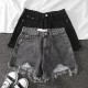 Women Fashion High Waist Raw Edge Frayed Denim Shorts